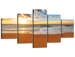 5 Piece Contemporary Art Wall Decor Modern Sunrise over the Beach Painting Prints on Canvas Giclee Artwork Ready to Hang for Living Room Bedroom Bathroom Decor - 60''W x 32''H