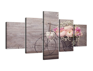 Modern Canvas Home Decor - 5 Piece Pink Rose with Bike Painting Prints Artwork - Giclee for Wall Decoration Strectched and Framed Ready to Hang - 70''W x 40''H