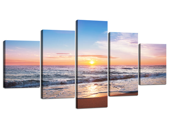 Modern Canvas Prints for Home Decoration 5 Panels Sunrise Blue Sky Ocean Beach Wall Art Painting Stretched and Framed Ready to Hang for Home Decorations Wall Decor - 60''W x 32''H