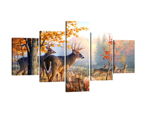 Modern Decorative Hand-Painted Deer in Autumn Sunlight Forest Painting 5 Panels Giclee Canvas Wall Art Stretched Framed Ready to Hang - 70''W x 40''H