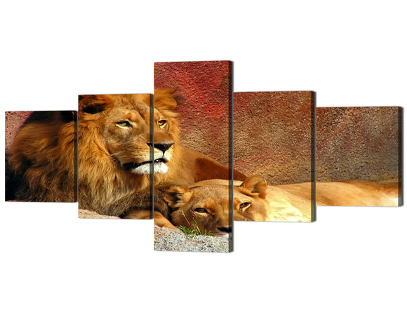 Yan Quan HD Giclee Painting Canvas Painting Prints Wall Art 5 Piece Gallery-Wrapped Lion Pictures On Canvas for Living Room Animal Poster Prints for Home Decor Framed Ready to Hang(50''Wx 24''H)