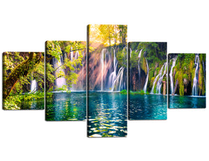 Ophelia Art Home Decoration 5 Piece Large Framed Split Waterfall Panel Canvas Painting Picture of The Pure Water Waterfall Printing and Posters Painting Canvas Picture for Living Room(70''Wx40''H)