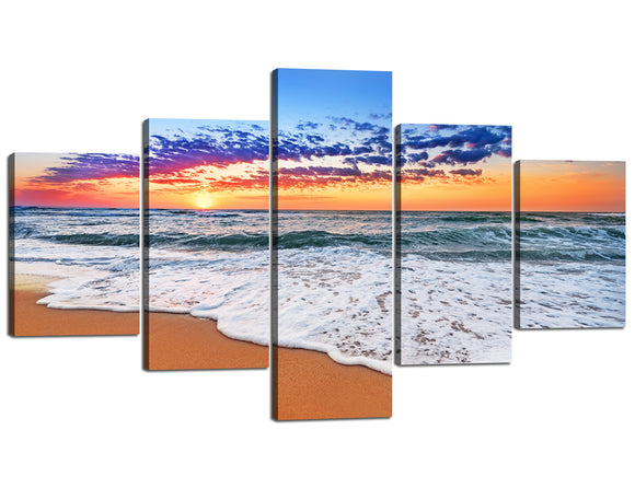 Modern Large Ocean Beach Home Decor 5 Piece Colorful Sunset White Wave Picture Prints on Canvas Wall Art Stretched and Framed Ready to Hang for Home and Office Decoration - 70