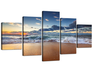 Modern Framed Seascape Canvas Wall Art 5 Panels Sunrise over the Beach Giclee Canvas Prints Artwork Stretched Ready to Hang for Living Room Bedroom Bathroom Decor - 60''W x 32''H