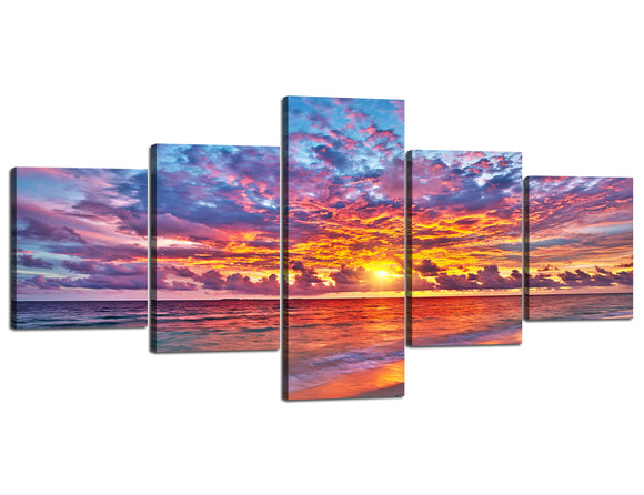 Beautiful Sunset Glow Canvas Wall Art for Home Decor 5 Panels Modern Seascape Gallery-Wrapped Giclee Canvas Prints Artwork Strehced and Framed Ready to Hang - 50''W x 24''H