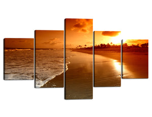 Yan Quan 5 Panels Modern Seascape Theme Canvas Art Red Sun and White Wave Pictures on Giclee Canvas Prints High Resolution Ocean Beach Artwork for Home Decor - 70" W x 40" H
