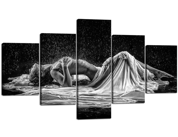Modern Home Decor Art White Black Painting Naked Lady Body in Rain Wall Art Bedroom Decor 5 Panels Canvas Giclee Prints Artwork Wrapped Wooden Framed Ready to Hang - 70''W x 40''H