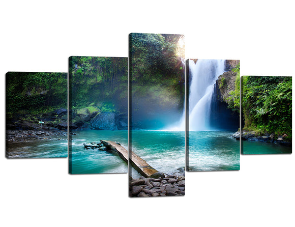 Ophelia Art Home Decoration 5 Piece Large Framed Waterfall Hidden in The Tropical Jungle Panel Canvas Painting Picture of Printing and Posters Painting Canvas Picture for Living Room(70''Wx40''H)