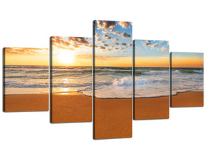 Modern Seascape Artwork for Home Decor 5 Piece Beautiful Sunrise on the Beach Nature Wall Art Prints on Canvas Framed Artwork Easy to Hang for Home and Office Decor - 70"W x 40"H