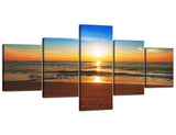 Yan Quan 5 Panels Modern Seascape Canvas Art Wall Decor Blue Sky Sunrise over the Beach Painting Prints on Stretched and Framed Giclee Artwork for Living Room Bedroom Decoration - 50''W x 24''H