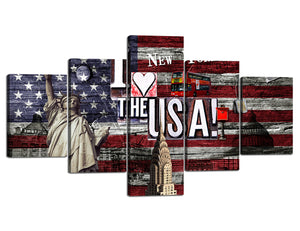 5 Panel Wall Art Painting on Canvas for Statue of Liberty Pictures Patriotic American USA Flag Modern for Living Room Home Decor Gallery-wrapped Artwork Framed Ready to Hang - 70''W x 40''H
