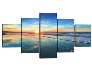 Modern Ocean Ciclee Wall Art Print Beautiful Sunrise over the White Wave on the Beach Pictures on Canvas Wall Art 5 Panels Stretched and Framed Ready to Hang - 60''W x 32''H