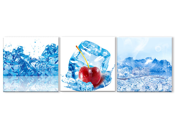 Cherry Painting on Canvas Splash Water with Ice Wall Art,Blue HD Prints 3 panel Fresh Food and Fruit Pictures Giclee Artwork for kitchen Home Decor Wooden Framed Stretched Ready to Hang(48''Wx16''H)