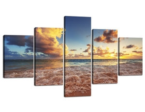 5 Panels Giclee Canvas Prints Wall Art Mount Bright Sunrise over the Beach Pictures Painting for Home Decor Modern Stretched and Framed Ocean Beach Artwork Ready to Hang - 70"W x 40"H