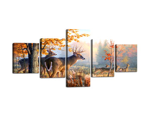 Yan Quan Modern Wrapped Framed Giclee Prints Artwork 5 Panels Hand-Painted Deer in Autumn Sunlight Forest Pictures on Canvas Wall Art fpr Bedroom Bathroom Decoration - 50''W x 24''H