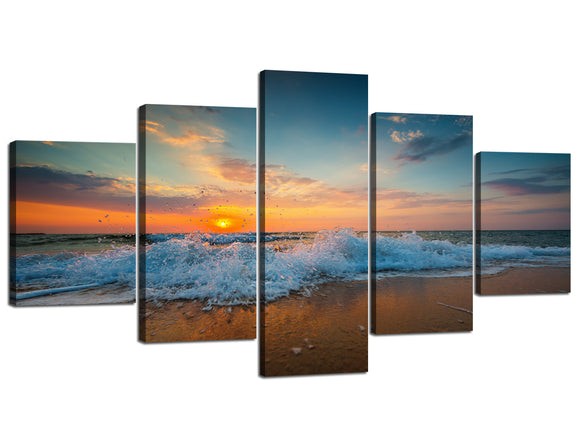 Yan Quan 5 Piece Wooden Stretched and Framed Canvas Large Wave Sunrise Ocean Beach Artwork for Wall Ready to Hang Modern Gallery-wrapped Giclee Prints Artwork for Home Decor - 60''W x 32''H