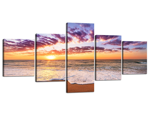 5 Panels Modern Seascape Painting on Canvas 5 Piece Purple Sunset over the Beach Painting Wall Art for Home Decor Wooden Framed Stretched Easy for Hanging - 50''W x 24''H