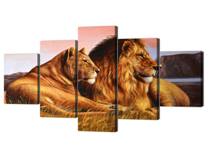 Yan Quan 5 Piece Modern Animal Wall Art Painting Wild Lioness and Lion on The Prairie on Canvas Framed Gallery-Wrapped Pictures for Home Decor Decoration Gift - 60" W x 32" H