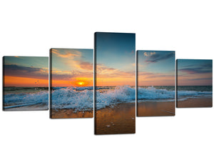 Modern 5 Panels Ocean Beach Canvas Wall Artwork Large Wave Sunrise Picture Prints on Giclee Prints and Posters Wrapped with Wooden Frame for Living Room Bedroom Bathroom Decor - 50''W x 24''H