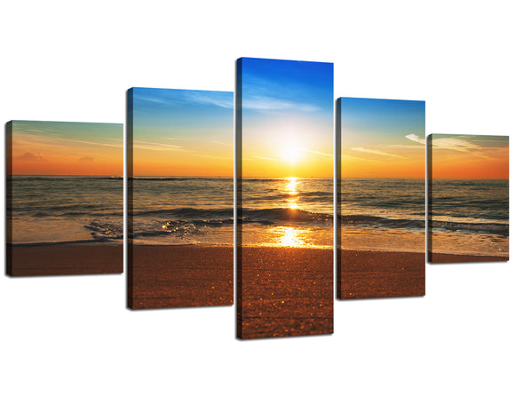 Modern Seascape Print Artwork 5 Panels Blue Sky Sunrise over the Beach Giclee Prints Artwork Contemporary Pictures Framed Easy to Hang for Home Decor - 60''W x 32''H