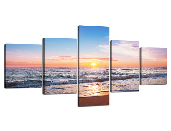 5 Panels Framed Wall Art Sunrise Bule Ocean Painting on Canvas Giclee Artwork Stretched and Framed Ready to Hang for Living Room Bedroom Bathroom Decoration - 50''W x 24''H
