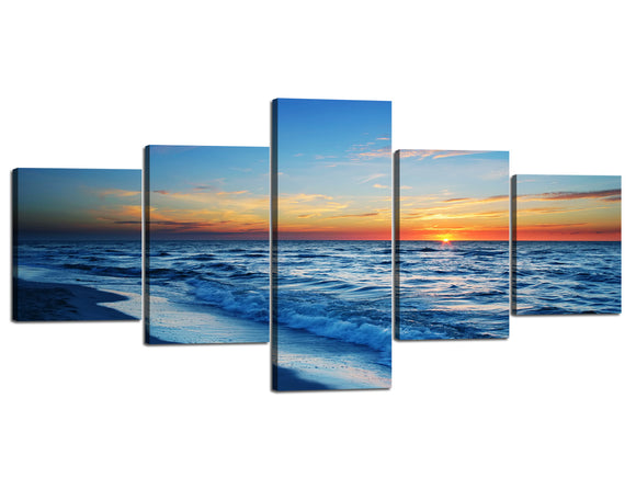 Yan Quan Surise Ocean Theme Canvas Prints Wall Art 5 Panels Modern Blue Sky Bright Sunrise White Wave Stretched and Framed Seascape Giclee Artwork for Home and Office Decoration - 50''W x 24''H