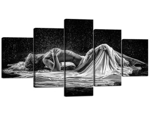 CozyNook Interiors -- Modern Sexy Wall Art Painting 5 Panels Nude Woman in Rain White Black Background Picture Prints on Canvas Giclee Artwork Stretched Framed Ready to Hang Bedroom Decor - 60''W x 32''H
