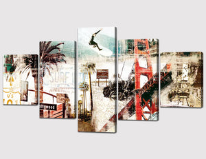Modern City Canvas Prints Wall Art Cityscape Oil Painting Picture Strethced on Woodern Frame 5 Panels Home Decoration Decor Gift Ready to Hang - 60''W x 32''H