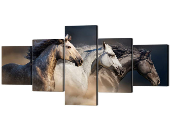 5 Panel Running Horse Art Picture Modern African Landscape Wild Animal High Definition Print Painting for Hotel Wall Decor(50''Wx24''H)