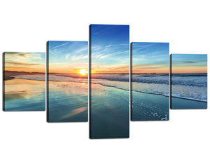 5 Piece Modern Seascape Canvas Art Prints Beautiful Sunrise over the White Wave Pictures on Canvas Ciclee Prints Artwork Easy Hanging for Bedroom Living Room Decor - 70"W x 40"H