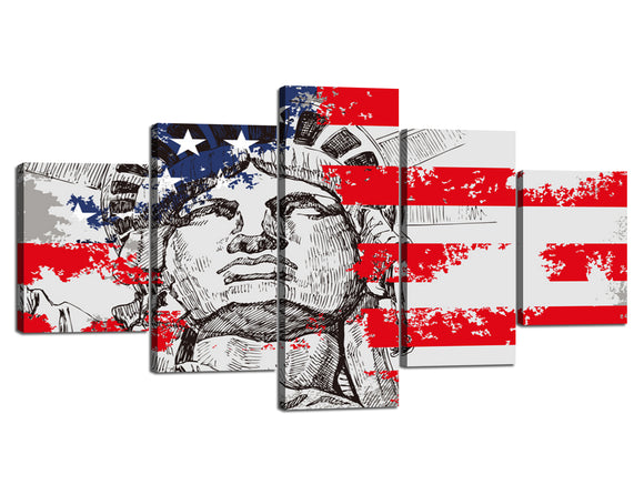 5 Panels Canvas Wall Art - Abstract American Flag Statue of Liberty Paintings Modern Prints Home Decor Wall Background Picture Giclee Artwork - 60''W x 32''H