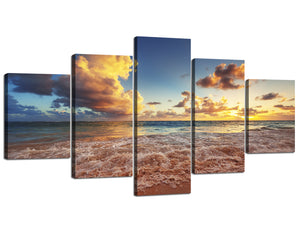 Modern Seascape Wall Artwork for Home Decor Mount Bright Sunrise over the Beach Prints on Canvas 5 Panels Ocean Beach Prints and Posters Stretched and Framed Ready to Hang - 60''W x 32''H