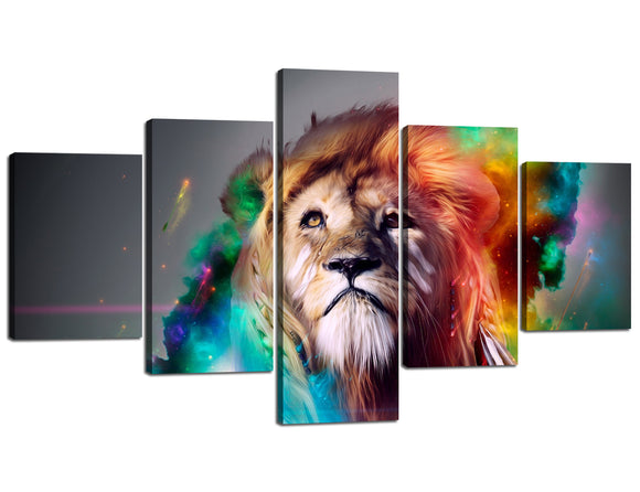 Colorful Lion 5 Panels Modern Canvas Wall Art Modern Large Painting Pictures Wall Art Artwork Animal Poster Prints for Living Room Home Decor Livingroom Framed Ready to Hang (70''W x 40''H)
