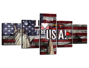 Yan Quan 5 Piece Canvas Wall Art Paintings I Love The USA New York Red Bus American Flag Wall Art Decor Gallery-wrapped Artwork Framed Ready to Hang - 50''Wx24''H