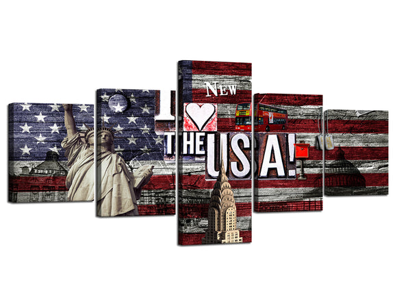 Yan Quan 5 Piece Canvas Wall Art Paintings I Love The USA New York Red Bus American Flag Wall Art Decor Gallery-wrapped Artwork Framed Ready to Hang - 50''Wx24''H