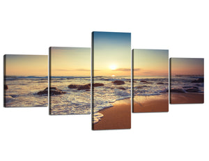 5 Panels Canvas Print for Home Decoration Sunrise White Wave Washes Rocks on the Beach Modern Seascape Painting Wall Art Picture Print on Canvas Framed and Ready to Hang - 50''W x 24''H