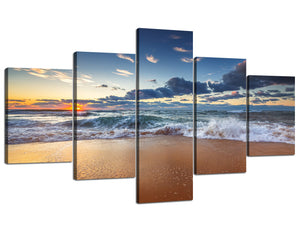 5 Panels Modern Seascape Canvas Art Sunrise over the Beach Picture Prints on Canvas Giclee Artwork for Living Room Decor Stretched and Framed Ready to Hang - 70"W x 40"H