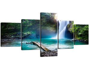 Art Work Wall Painting Picture Photo Large Framed Waterfall Hidden in The Tropical Jungle for Living Room Kitchen Oil Painting 5 PCS HD Printed Painting Home Wall Decor(50''Wx24''H)
