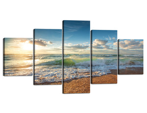 Yan Quan 5 Panels Ocean Canvas Wall Art Blue Sky White Wave and Beautiful Sunrise over the Beach Pictutes Prints Artwork Modern Framed Prints and Posters for Home Decor - 60''W x 32''H