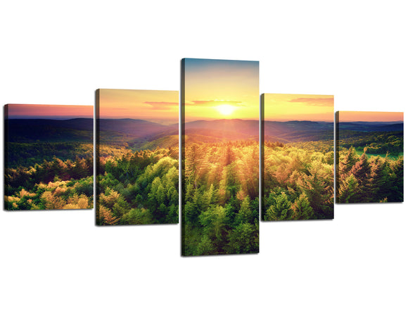 for Living Room Picture of Sunset Over Forest Hills Wall Art Printing Posters with Hooks Mounted on Each Panels of 5 Pieces Painting Stretched and Framed Canvas Paper Home Decor(50''Wx24''H)