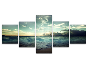 Sunset Ocean Waves Wall Art Photo Pictures The Morning Sea 5 Piece Seascape Canvas Paintings Modern Canvas Prints Artwork Bedroom Home Office Decor Stretched Framed Ready to Hang 50" W x 24" H