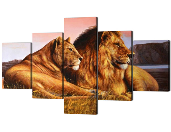 5 Panels Modern HD Wild Animal World Canvas Wall Art Lioness and Lion Picture Prints on Giclee Artwork Stretched and Framed Ready to Hang for Home and Office Decor - 70