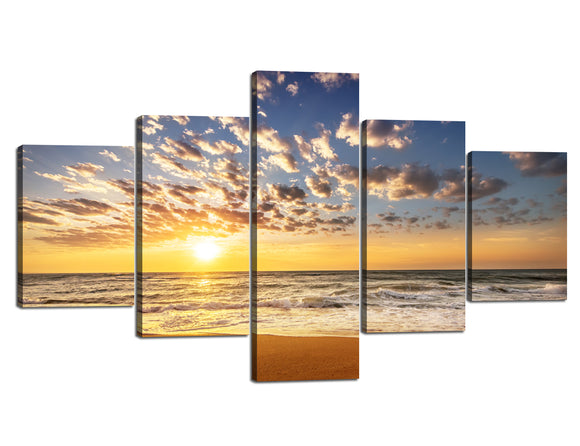 5 Piece Large Modern Seascape Artwork Beautiful Sunshine Beach Pictures Painting Ocean Gallery-Wrapped Giclee Canvas Prints Stretched and Framed Ready to Hang - 70