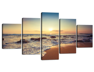 Yan Quan Modern Stretched and Framed Seascape 5 Panels Giclee Canvas Print Artwork Sunrise White Wave Washes Rocks on the Beach Pictures Painting Print Artwork for Home Decor - 60''W x 32''H
