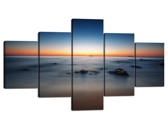 Modern Large Seascape Wall Picture Decor 5 Panels White Wave Blue Sky with an Orange Glow Painting Prints on Canvas Wall Art Easy Hanging for Home and Office Decor - 70