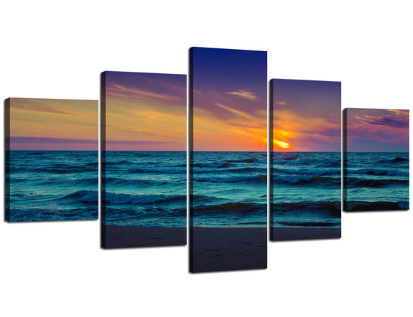 5 Panels Ocean Canvas Art Beach Sunset Large Wave Natural Decorative Artwork for Home Decor Modern Gallery-Wrapped Giclee Prints Artwork Stretched and Framed Ready to Hang - 60''W x 32''H