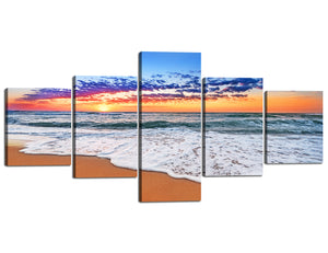 Modern Wall Pictures Decor 5 Panels Colorful Sunset over Ocean Painting Print on Canvas Giclee Artwork Wrapped with Wooden Frame Easy for Hanging for Home Decor - 50''W x 24''H