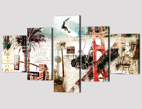 5 Panels Modern Cityscape Artwork for Home Decor Oil Painting Stretched Wooden Framed on Canvas Wall Art for Home and Office Decor Easy Hanging - 70''W x 40''H