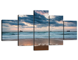 5 Panels Seascape Giclee Canvas Prints Dark Cloud White Wave and Three Boats Picturs Painting Artwork Modern Stretched and Framed Ocean Canvas Wall Artwork for Home Decor - 60''W x 32''H