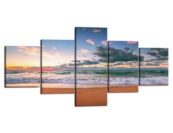 5 Panels Ocean Seascape Canvas Prints Blue Sky with Beautiful Cloud on the Beach Pictures Painting Canvas Wall Art Modern Home Decor, Stretched and Framed Ready to Hang - 50''W x 24''H